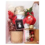 Box Lot: Ribbon, Christmas Ornaments & Decor