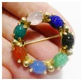 Vintage Colored Glass Scarab Beetle Wreath Brooch
