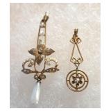 Two Antique 4k & 10k Gold Edwardian Lavalieres