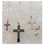3 Sterling Silver Cross Necklaces Opals Earrings