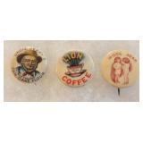 Three 1890s Celluloid Advertising Pin Back Buttons