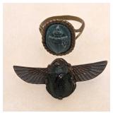 Antique Egyptian Scarab Pin & Carved Scarab Ring