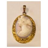 10K Gold Deep Relief Carved Shell Cameo Pendant
