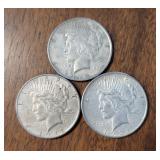 THREE US 1922-P Peace Silver Dollar Coins