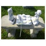 SMALL BENCH W/DOG/CAT TIC TACK TOE CONCRETE LAWN