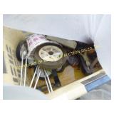 (2) BINS OF MISC TOOLS, WHEELS, WOOD PLANERS
