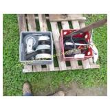 (2) CRATES OF CASTER WHEELS, HAND SAW, AND