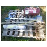 PALLET OF MISC LAWN TOOLS & AIR TANKS