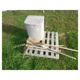 PALLET OF LAWN TOOLS & STORAGE BIN