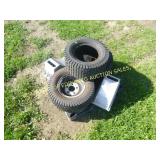 (3) TIRES FOR LAWN TRACTOR & (2) WHEEL CHOCKS