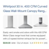 1 Pc Whirlpool 30 in. 400 CFM Curved Glass