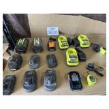 Assorted Ryobi and Ridgid Batteries and Chargers
