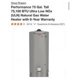 (1) Rheem Performance 75 Gal. Tall 75,100 BTU