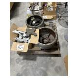 Scrap metal lot, box and some round hubs. Sold as