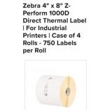 4 cases of 4 rolls Zebra 4" x 8" Z-Perform 1000D