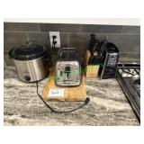 Crock pot, toaster, knife block, can opener