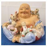 Laughing Buddha with 5 Children Figurine