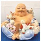 Laughing Buddha with 5 Children Porcelain Figurine