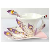 Ceramic Peacock Cup, Saucer & Spoon