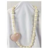 Pearl Necklace w/ Offset Pink Quartz Heart