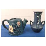 Blue Floral Pottery Water Pail & Vase