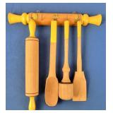 Vtg Wood Kitchen Utensils and Holder