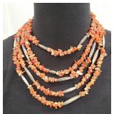 5 Strand Coral & Sterling Bead Necklace