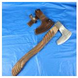 Damascus Beard Axe w/Carved Handle w/Sheath, New