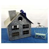 Galvanized Metal Bird House w/ Bench Seat & Birds