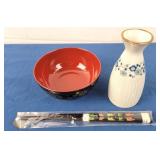 Japanese Rice Bowl, Chop Sticks & Saki Bottle