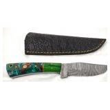 Damascus Knife w/3-Color Handle, Sheath, New