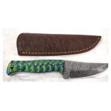 Damascus Knife w/Scalloped Handle, Sheath, New