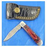 Damascus Folding Knife w/Belt Case, New