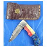 TX Damascus Lockback Folding Knife w/Belt Case New