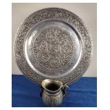 Decorative Metal Pitcher & Lg Plate