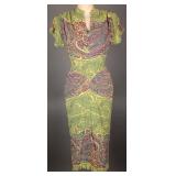 1940s Chartreuse Paisley Novelty Print Rayon Dress
