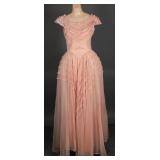 High Style 1940s Peach Rayon Mesh and Lace Gown