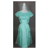 1950s Aqua Taffeta Silk Organza Dress