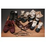 Antique Infant Leather Baby Shoes and Hooks Set
