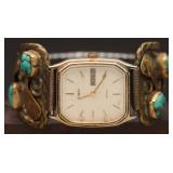 Timex Watch With Brass Band and Turquoise Stones