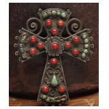 .925 Silver Cross, Turquoise & Coral, 13.78g