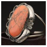Silver Toned Cuff With Orange Stone Center