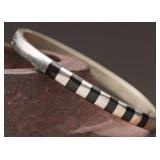 Silver Hinged Bangle with Onyx Inlay, Mexico