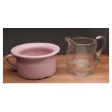 Enamel Chamber Pot & Glass Pitcher
