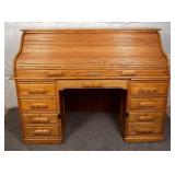 Solid Oak Roll-Top Desk With Multi-Storage Drawers