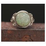 Sterling Green Druzy Quartz Scroll Ring, 4.15g