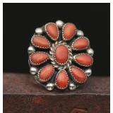 Signed Zuni Sterling Silver & Coral Ring