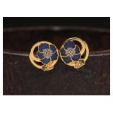 Vintage Gold-Tone Blue Pansy Enamel Earrings