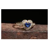 14K Gold Heart-Shaped Blue Stone & Diamond Ring