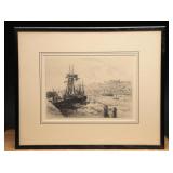 Etching by Brunet-Debaines: Whitby Harbour Scene